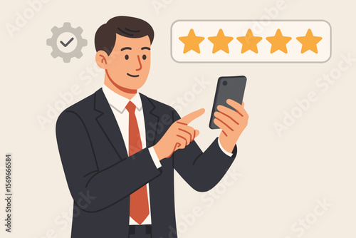 Businessman using mobile phone gives five star rating. Customer satisfaction, positive review, excellent service feedback. Concept of quality control, ISO standard, evaluation.