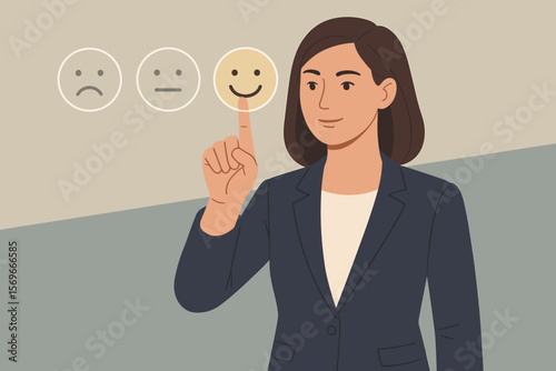 Customer satisfaction concept. Businesswoman choosing happy smiley face icon for positive review. User experience feedback. Service rating emotion scale vector illustration.