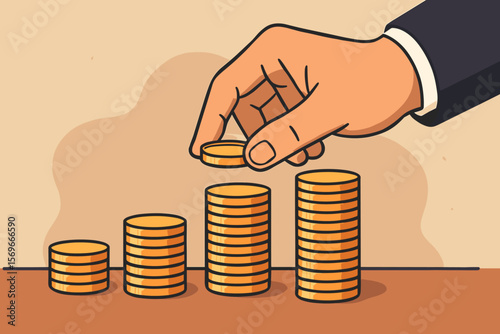 Close up of a businessman's hand stacking coins. Business finance, money saving, and investment growth concept. Preparing for the future. Modern flat vector cartoon illustration.