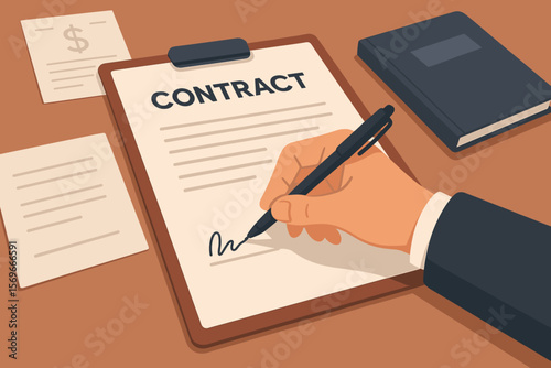 Businessman hand signing contract document with a pen. Concept of closing a deal, partnership agreement, business commitment. Financial transaction, bank loan, investment.