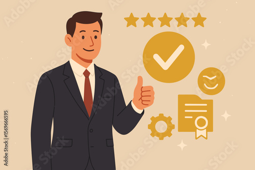 Businessman, thumbs up, showing top service, quality assurance, 5-star rating, guarantee, standards, ISO certification, and best product concept