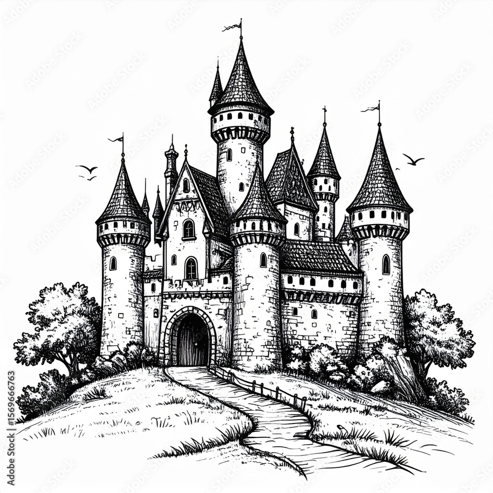 Obraz premium Black And White Castle Illustration