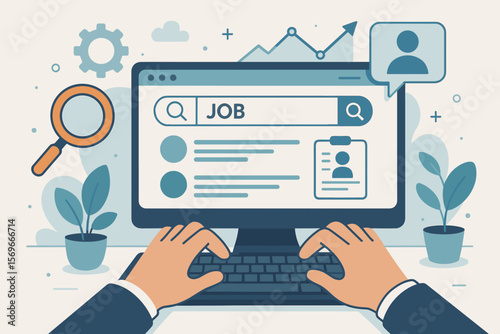 Job search technology concept. Man hands on keyboard searching for work on internet website. Online recruitment, employment, hiring, career growth, and human resources vector.