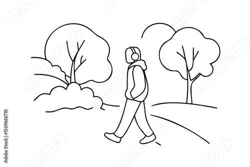 Outline a person walking with headphones near trees a path Single listening