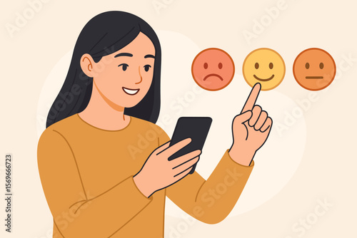 Client satisfaction and feedback concept. Happy woman uses smartphone to give a positive review and rating. Customer chooses a smiling emoticon for excellent service evaluation.