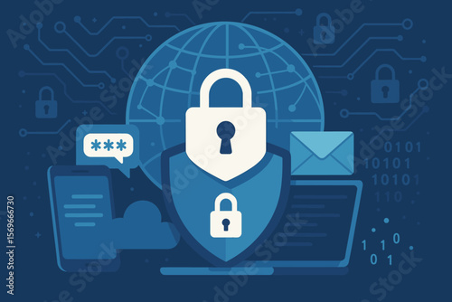 Cybersecurity and data privacy protection concept. Lock and shield for internet network security. Global digital technology, password authentication, cloud computing vector art.