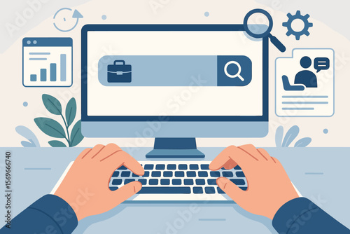 Job search concept. Man hands typing on computer keyboard to find work online. Recruitment technology, employment opportunity, career search, human resources, data analysis.