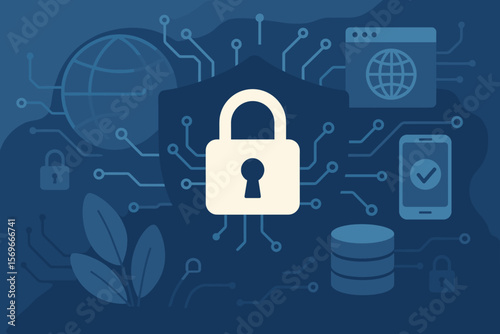 Cybersecurity and privacy concept to protect data. Lock icon and shield on a digital circuit background. Internet network security technology with globe and database icons.