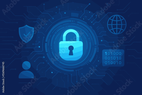 Cybersecurity concept. Digital data protection. Internet privacy. Network security technology. Secure user data. Lock icon. Shield symbol. Global network. Binary code.
