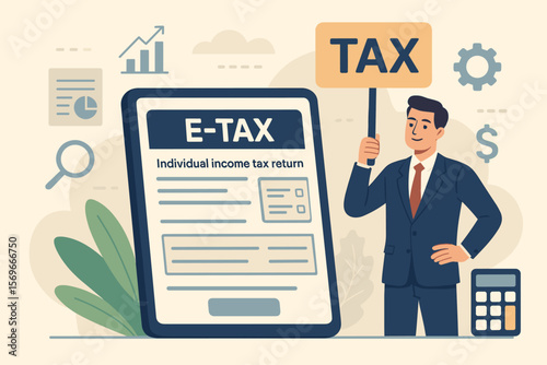 E-tax concept with businessman filing individual income tax return online. Digital tax payment and declaration service. Financial accounting, government state taxes vector.
