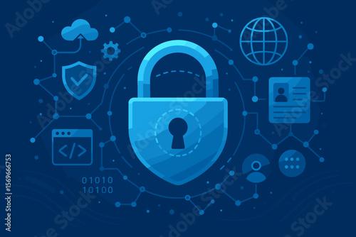 Cybersecurity and data protection concept. Internet privacy and network security technology. Padlock icon, shield, and cloud computing for global information safety vector.