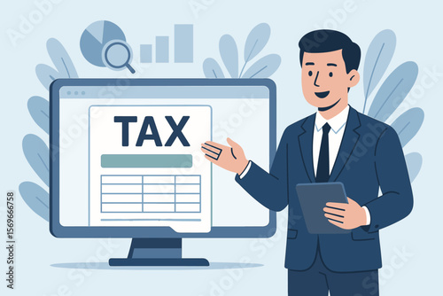 E-tax concept. Businessman filing individual income tax return form online for tax payment. Government state taxes. Data analysis, paperwork, financial research, accounting.