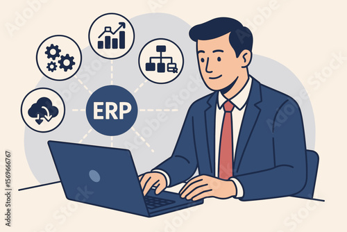Enterprise Resource Planning, ERP system concept. Businessman with laptop using software for business automation, data management, finance, production and operations.