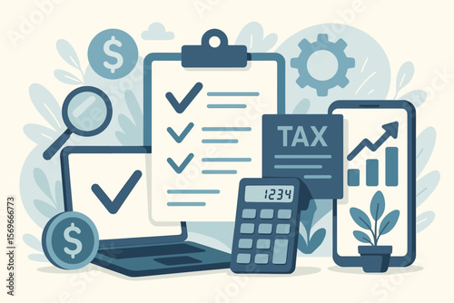Digital tax filing and financial planning concept. Online tax return calculation with checklist, laptop, and calculator. Business accounting and financial advisory service.