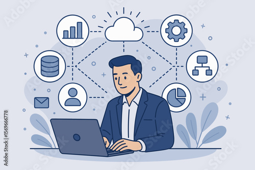 ERP Enterprise Resource Planning system concept. Businessman with laptop managing business automation, data analytics, CRM, and cloud integration via a digital software interface.