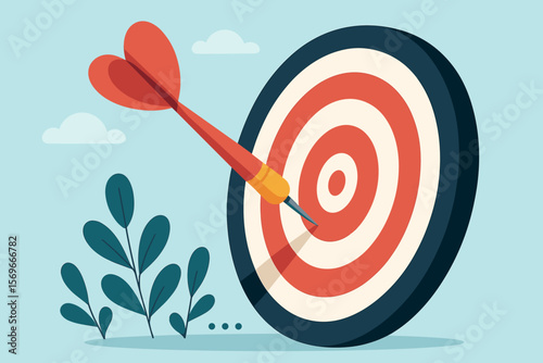 Business goal and success concept. Dart with a heart hitting the center of a target. Bullseye metaphor for achievement, accuracy, opportunity, and strategy. Modern flat vector.