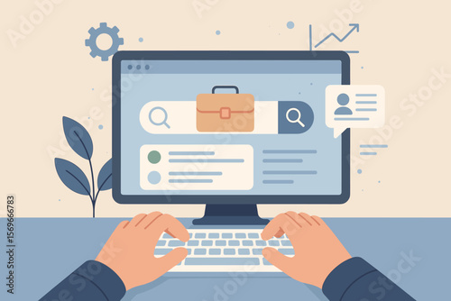 Job search data technology concept. Man at computer searching for career. Online recruitment, human resources, SEO, employment, and finding vacancies on internet website.