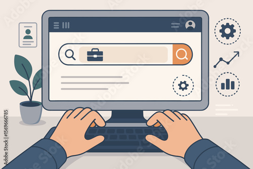 Job search concept. Man using computer to find work online. Career hunt, recruitment and employment technology. Human resources, SEO and data analysis for job vacancy search.