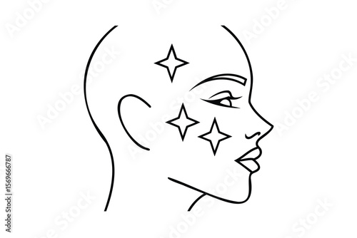 Line art a female face in profile with star shapes on skin Single woman outline