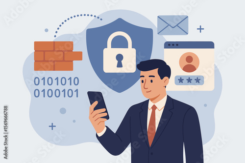 Cybersecurity concept with businessman using smartphone. Data protection, internet security, and privacy with encryption technology, firewall, password, and secure login.