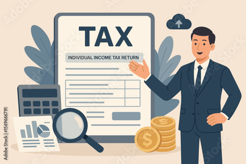 E-tax concept with businessman filing individual income tax return form online. Financial consultant doing data analysis for tax payment. Government, state taxes, audit.