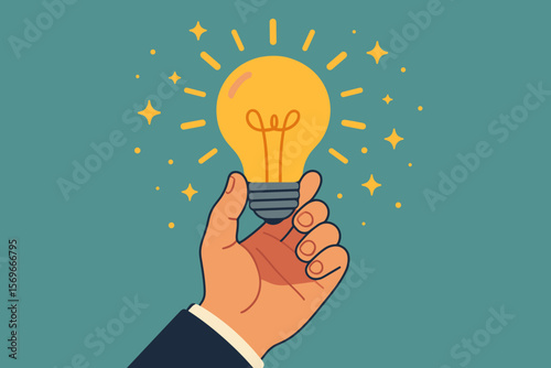 Businessman hand holds glowing light bulb. Idea, innovation, inspiration, creativity concept. Business solution, brainstorming, eureka moment, success. Modern flat vector cartoon.