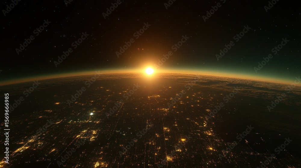 Obraz premium Sunrise over a city, seen from space. Earth's curvature, city lights, and a golden sunrise