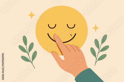Hand touching happy smile relax face. Good feedback rating, think positive concept. Customer review, assessment, satisfaction. World Mental Health Day, calm mood, wellbeing.