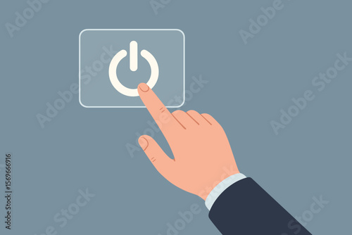 Hand presses shutdown button on virtual screen. Concept of turn off, end, quit, restart, reboot. Businessman finger pushing power symbol. Digital control and technology.