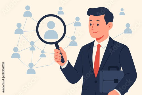 Human Resource Management, HRM concept. Businessman with magnifier searching talent. Recruitment, headhunting, hiring process. Customer relationship management, CRM. Find staff.