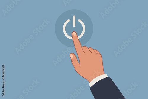Human hand finger pressing power button. Turn on, off, start, stop or shutdown concept. Businessman activating or deactivating a system on a digital touch screen interface.