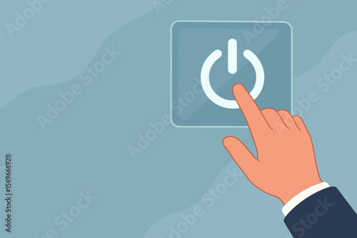 Businessman hand pressing shutdown button on a virtual screen. Turn off, power off, digital detox concept. Disconnecting from technology, ending a project, stopping a process.