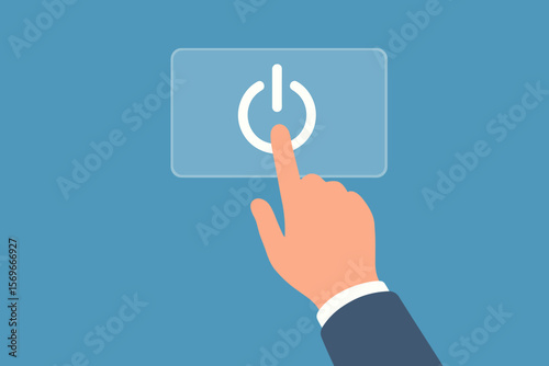 Hand of a businessman pressing a power button on a virtual screen. Shutdown, start, and stop concept. Turning on or off. Technology control, digital activation metaphor.