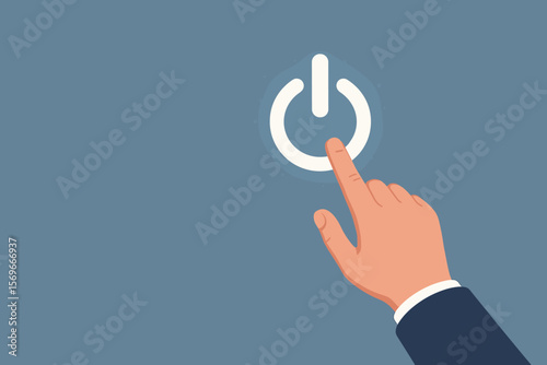 Businessman hand pressing a glowing power button on virtual screen. Shut down, start up, turn off concept. Technology control panel interface. Digital detox, beginning, end. Vector.