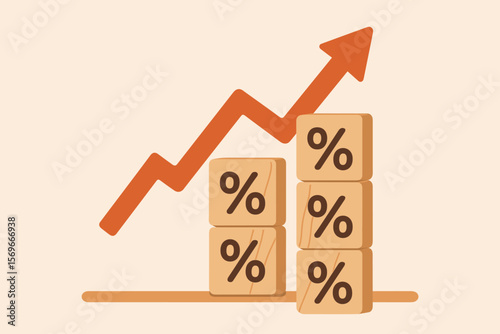 Increasing percentage sign on wooden block stack with upward arrow. Financial growth, investment return, savings interest rate, mortgage debt and business profit concept.