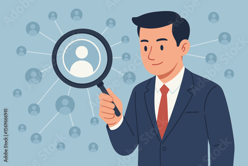 Human Resource Management, HRM. Businessman holding magnifier, searching for candidate icons. Recruitment, headhunting, and talent acquisition concept. Workforce development.