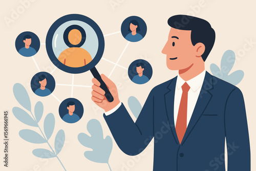 Human resource management. HRM. Manager with magnifying glass searching job candidate. Recruitment process. Talent acquisition. Headhunter hiring employee for job vacancy concept.