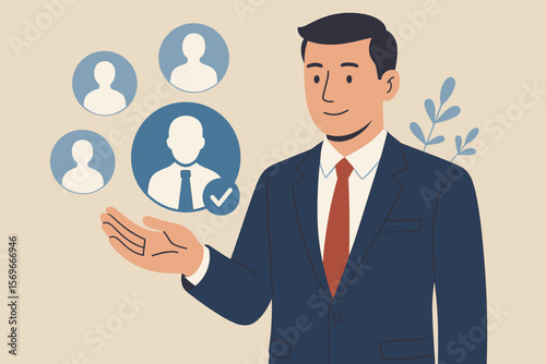 Human resources recruitment concept. HR manager choosing a candidate from a pool of applicants. Personnel selection, headhunting, and staffing for a job vacancy. Vector.
