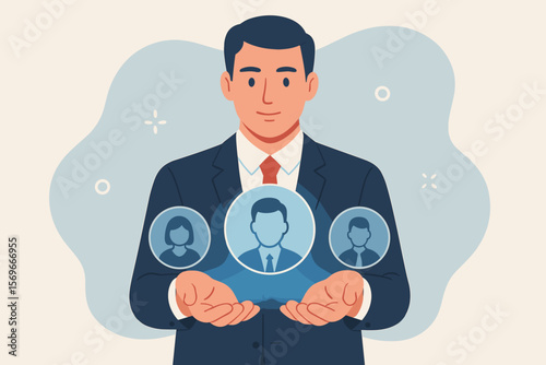 Human resources management and recruitment concept. HR manager choosing candidate for a job. Businessman holds virtual icons of potential employees. Talent acquisition and staffing.