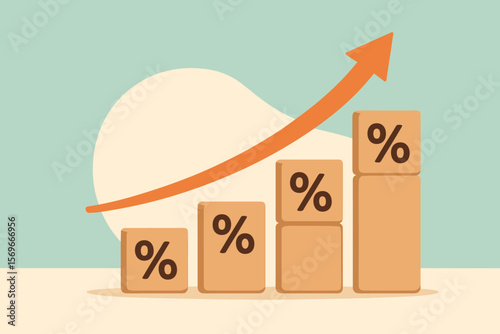 Increasing percentage concept. Wooden blocks with percent sign stacking as growth bar chart. Arrow up showing financial growth, investment return, interest rate, and profit.