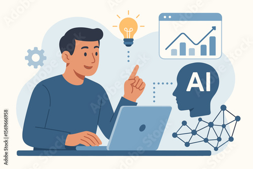 Man using artificial intelligence at laptop. Concept of AI in business, machine learning for efficiency, big data analysis, innovation, and creative ideas for company growth.
