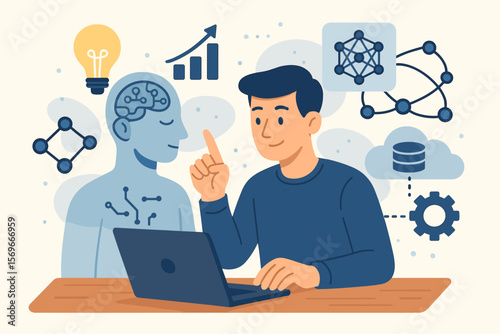 Human-AI collaboration concept. Man uses artificial intelligence for business efficiency. Machine learning, neural networks, big data analysis, innovation, and technology growth.