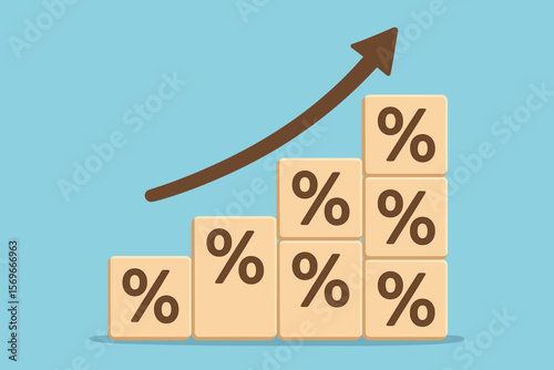Percentage symbol growth concept with wooden blocks stacked in ascending order, upward arrow, financial savings, investment, interest rates, mortgage, business profit increase