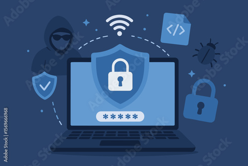 Cybersecurity internet data protection concept with laptop, padlock, hacker, malware, password encryption, secure network access, user privacy, anti-hacker, cybercrime prevention