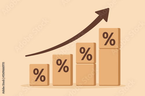 Percentage symbol growth chart with wooden blocks and upward arrow. Financial savings, investment, mortgage interest, business profit, dividend increase, economic success concept
