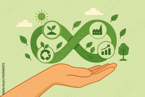 Infinity symbol with circular economy, sustainable business growth, environmental protection, recycling, renewable energy, eco investment, green industry, pollution reduction