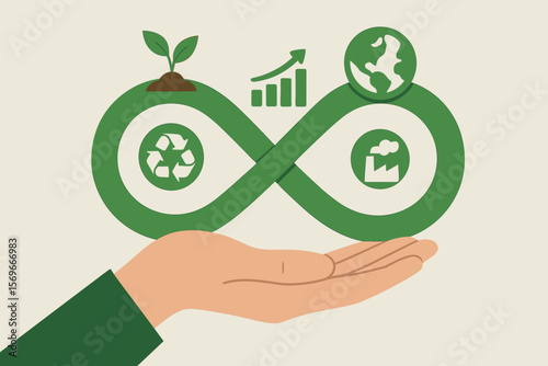 Infinity symbol with circular economy, sustainable business growth, recycling, environmental protection, green investment, pollution reduction, eco-friendly future concept