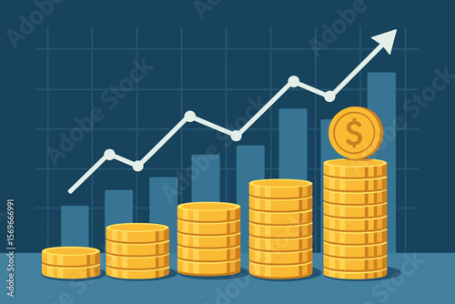 Financial growth investment concept, stacks of gold coins, upward stock market graph, profit increase, business finance, money savings, currency exchange, economic success