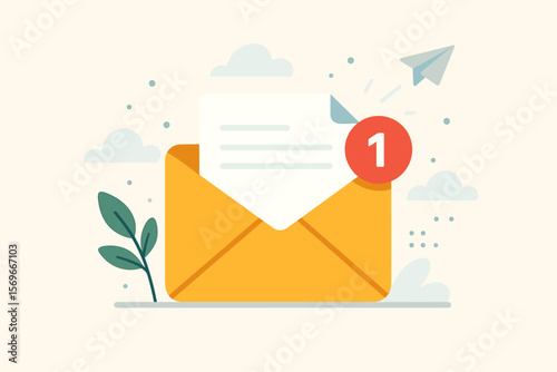New email notification alert concept. Business communication, digital marketing, inbox message received. Flat vector illustration with envelope, paper plane, notification badge, cloud elements.