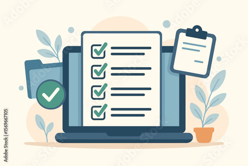 Digital checklist and online survey form on laptop. Document management system, process organization, electronic file database, workflow automation, task completion concept